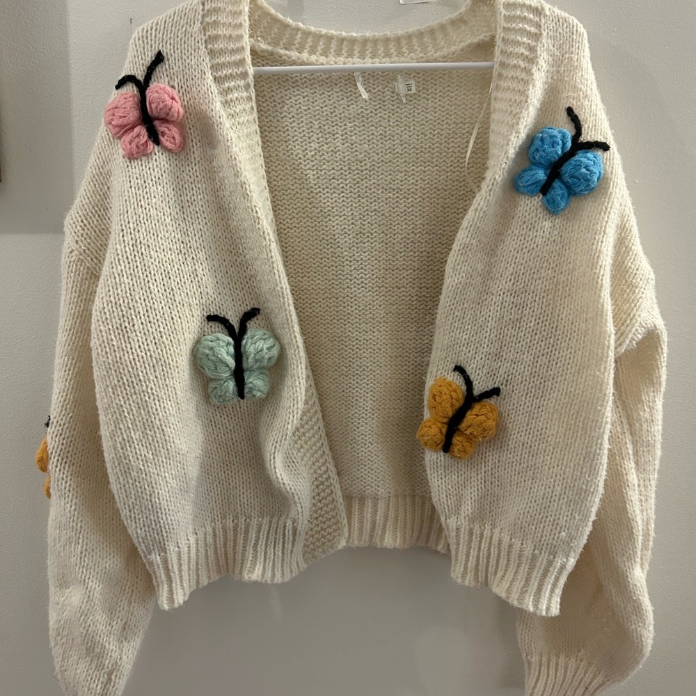 Luna Ivy Cream Knit Open Cardigan 3D butterflies Women’s Size XS Anthropology